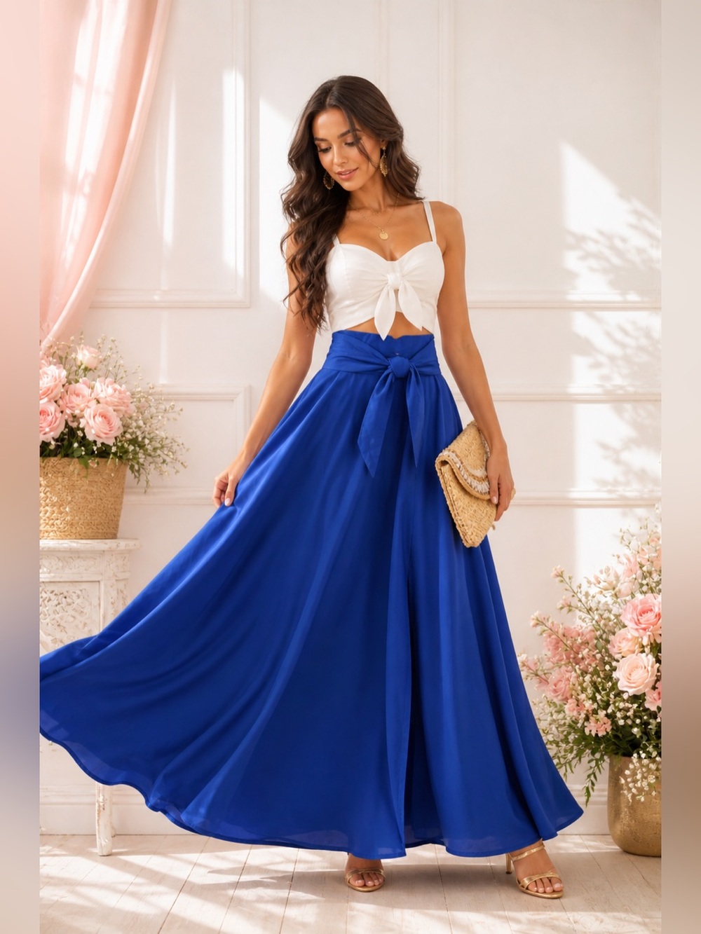 Flowy Royal Blue Tie-Waist Midi Skirt - Women